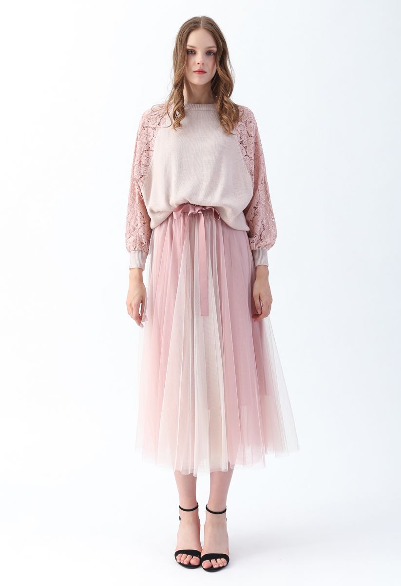 Amore Color Blocked Mesh Tulle Skirt in Pink