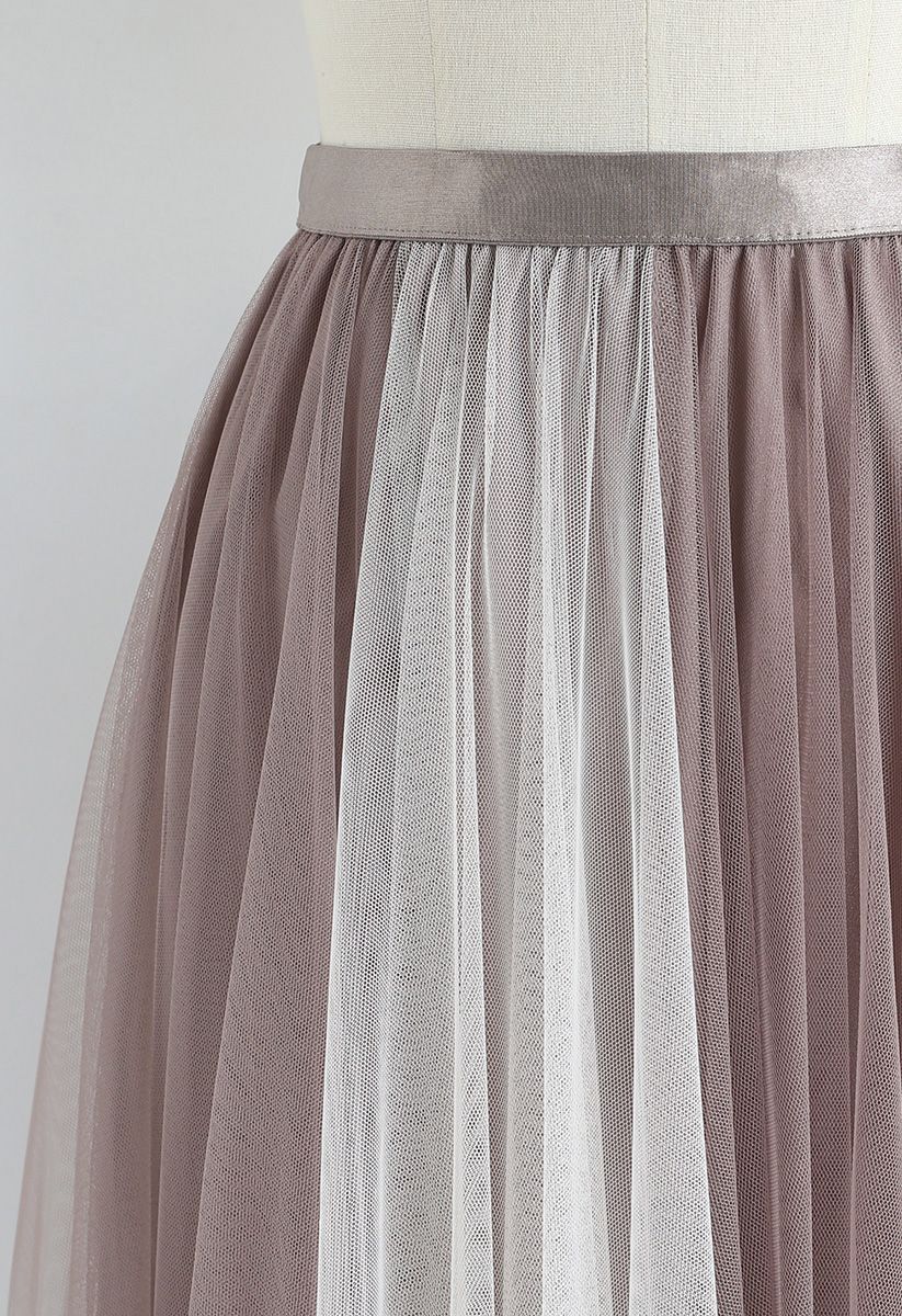 Macaron Color Blocked Mesh Tulle Skirt in Caramel