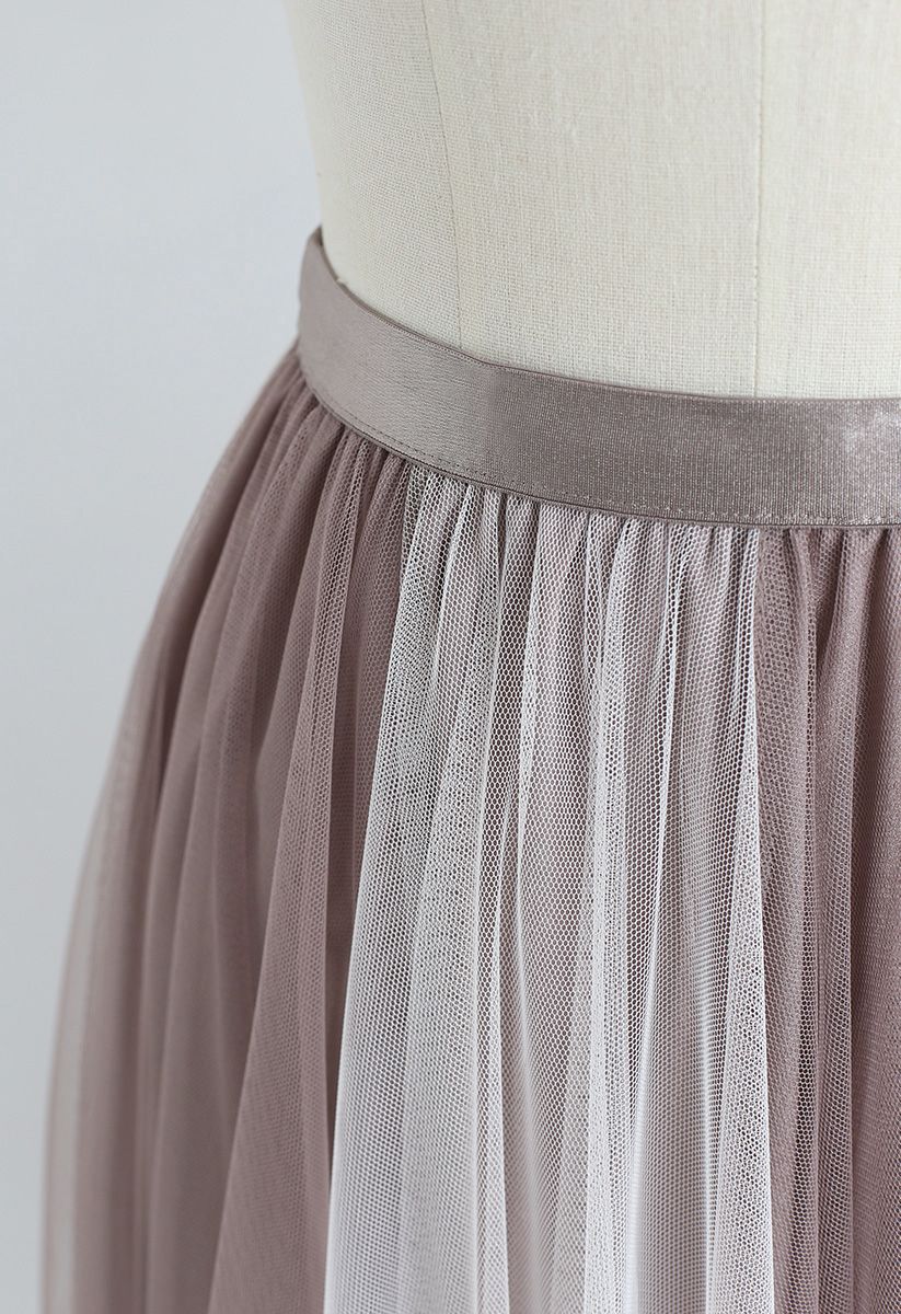 Macaron Color Blocked Mesh Tulle Skirt in Caramel