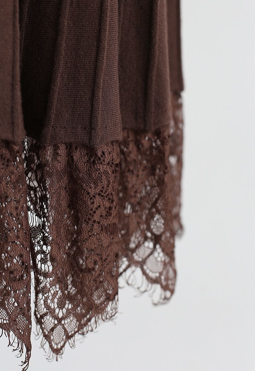 Lace Hem Pleated A-Line Knit Skirt in Brown
