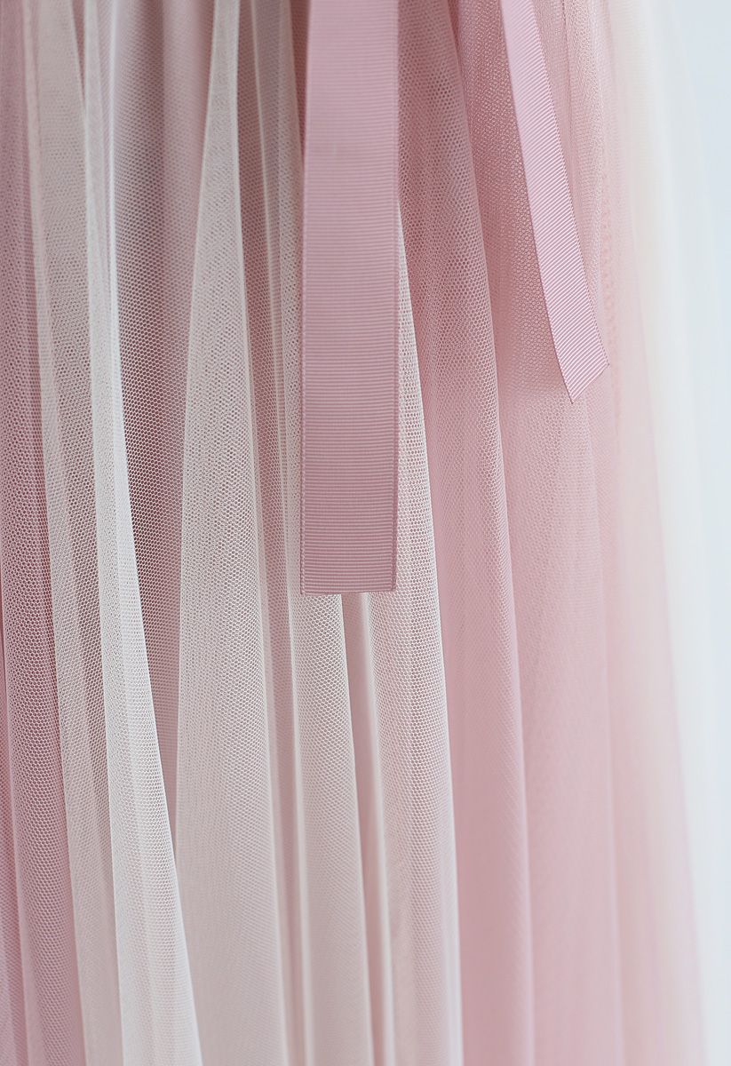 Amore Color Blocked Mesh Tulle Skirt in Pink