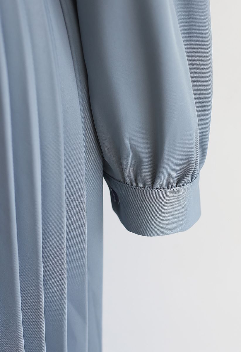 Self-Tied Bowknot Pleated Midi Dress in Dusty Blue