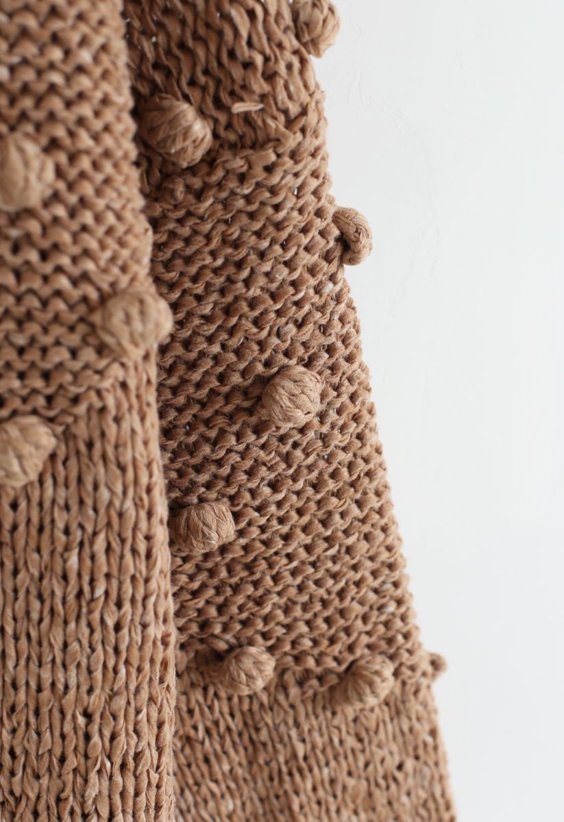 Pom-Pom Trim Chunky Knit Sweater in Tan
