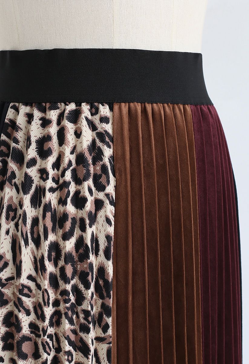Leopard Detail Pleated Velvet Midi Skirt 
