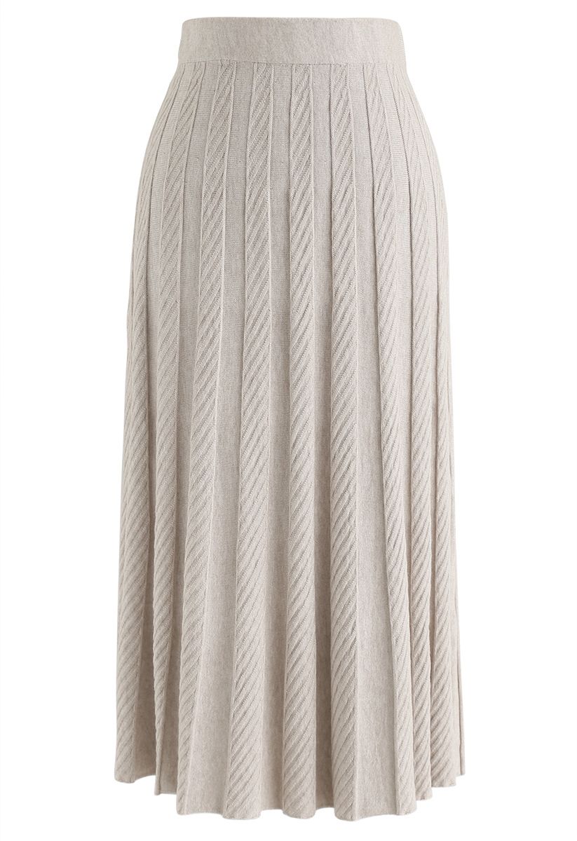 Parallel Pleated Knit Midi Skirt in Sand