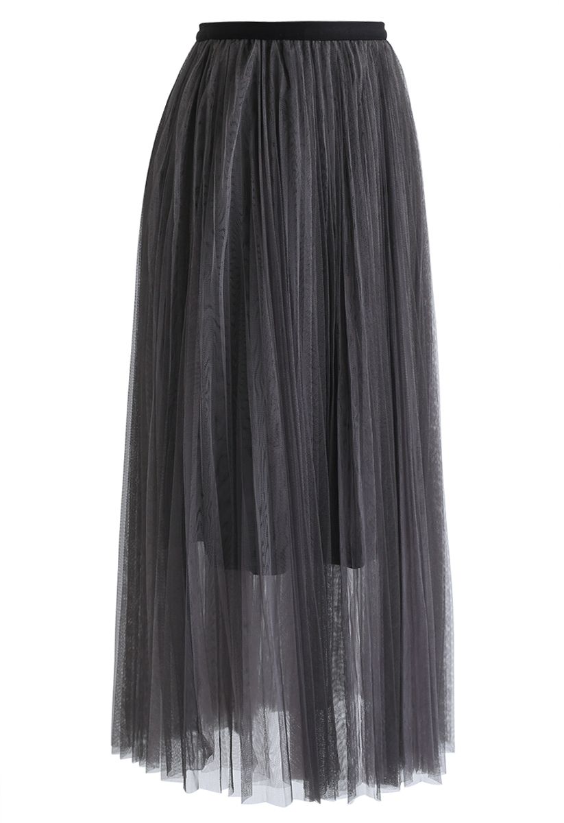 Double-Layered Mesh Tulle Skirt in Smoke