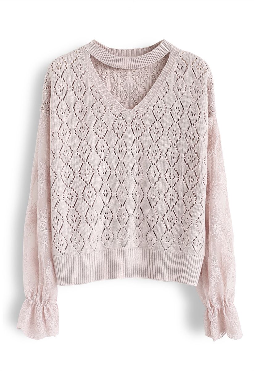 Delicacy Embroidery Sleeves Hollow Out Knit Sweater in Pink