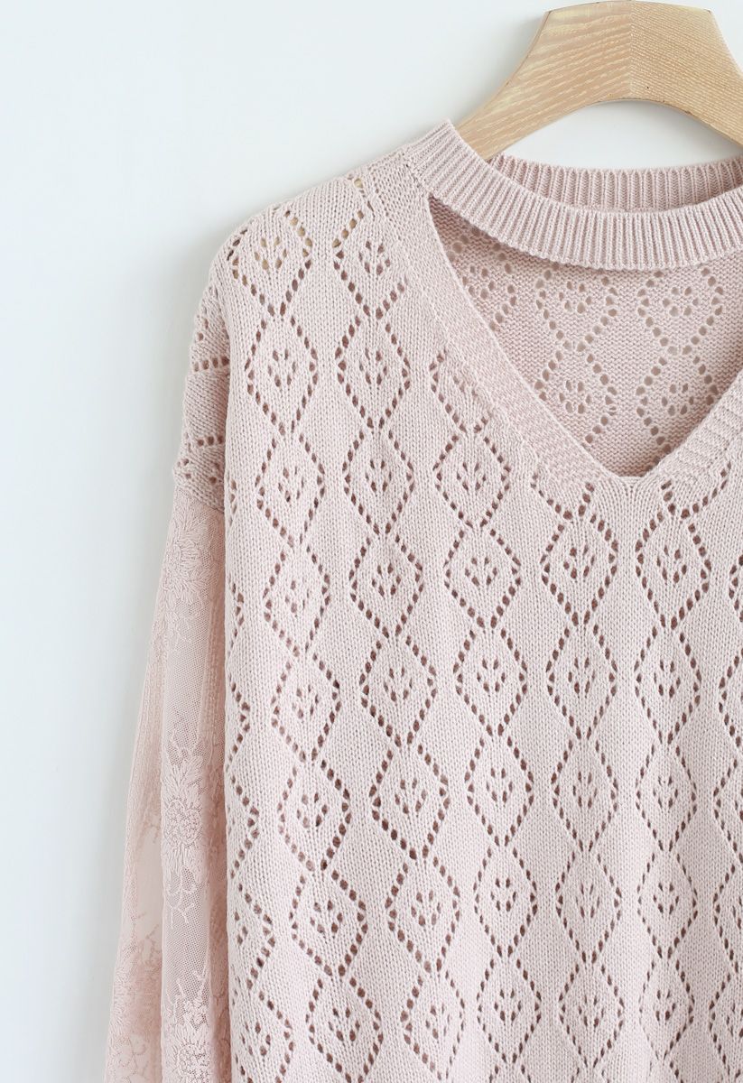 Delicacy Embroidery Sleeves Hollow Out Knit Sweater in Pink