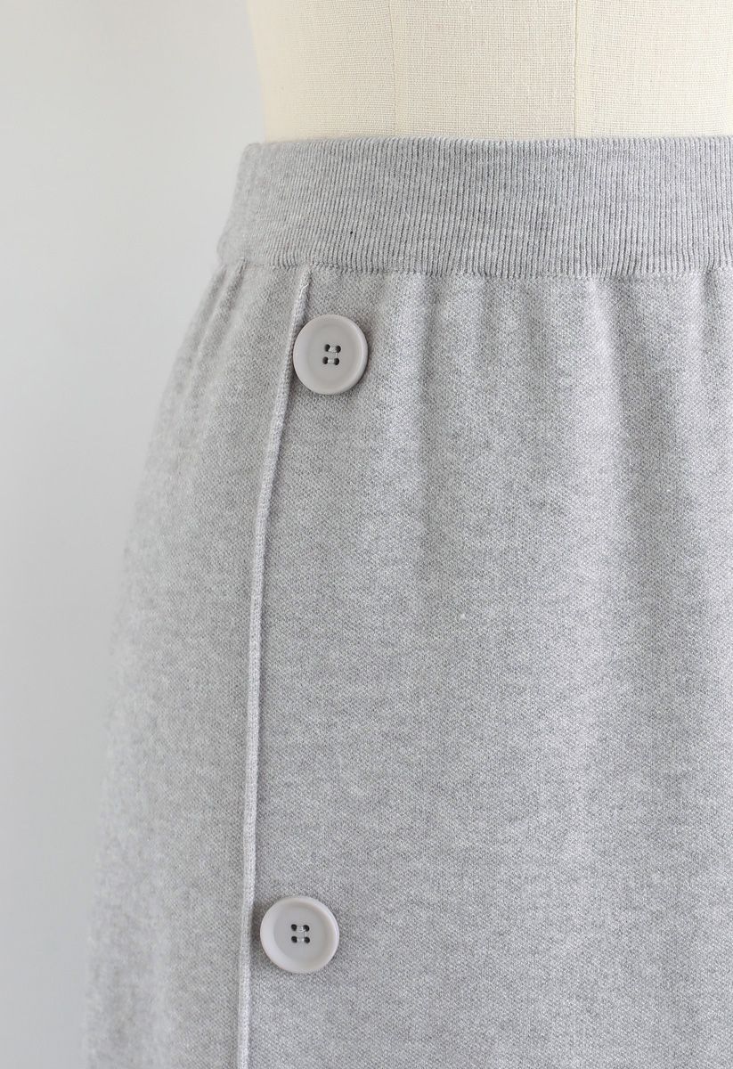 Button Trim Knit Midi Skirt in Grey