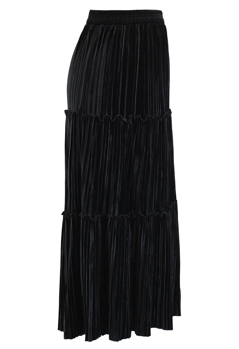 Full Pleated A-Line Velvet Skirt in Black