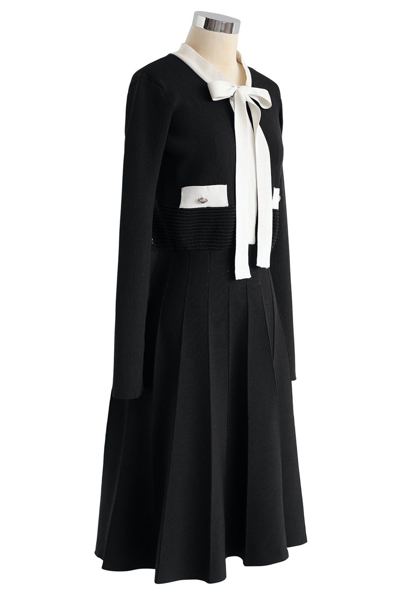Bowknot Long Sleeves Knit Dress in Black
