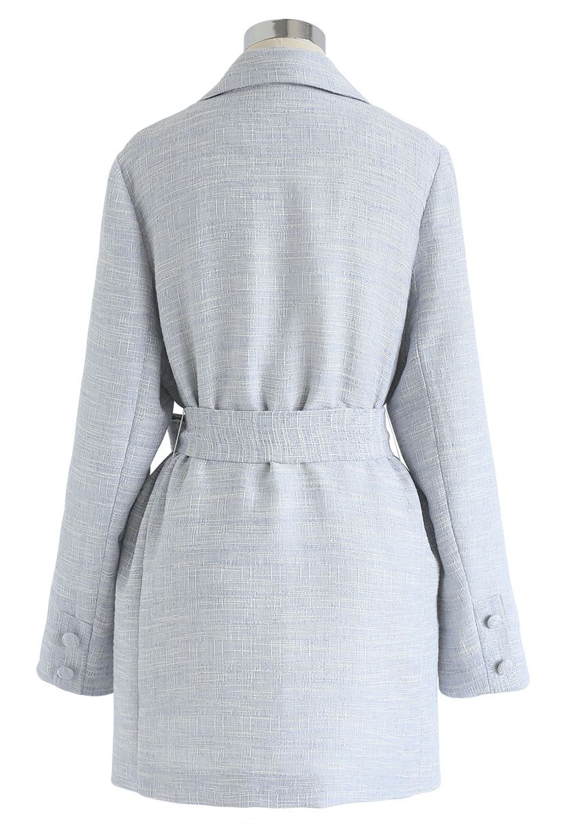 Double-Breasted Belted Tweed Blazer in Baby Blue