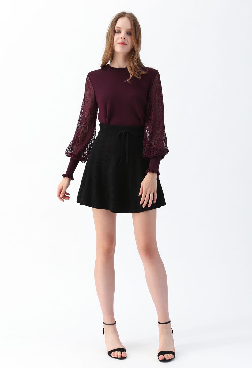 Delicacy Lacy Sleeves Knit Sweater in Wine