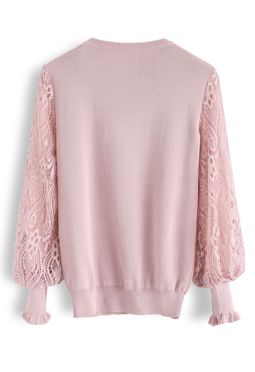 Delicacy Lacy Sleeves Knit Sweater in Pink