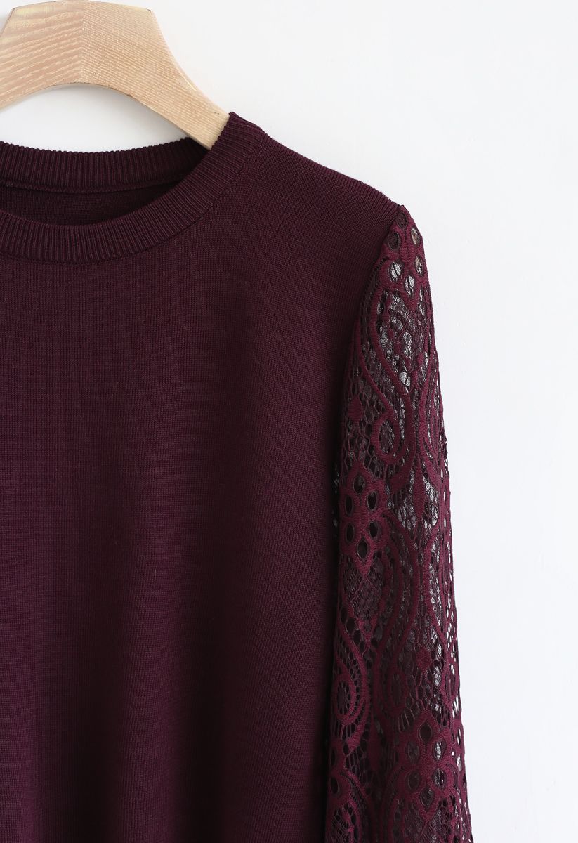 Delicacy Lacy Sleeves Knit Sweater in Wine