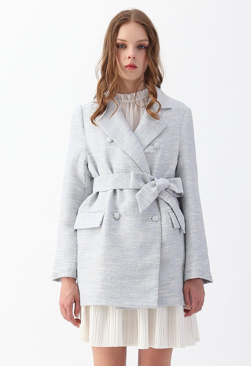 Double-Breasted Belted Tweed Blazer in Baby Blue