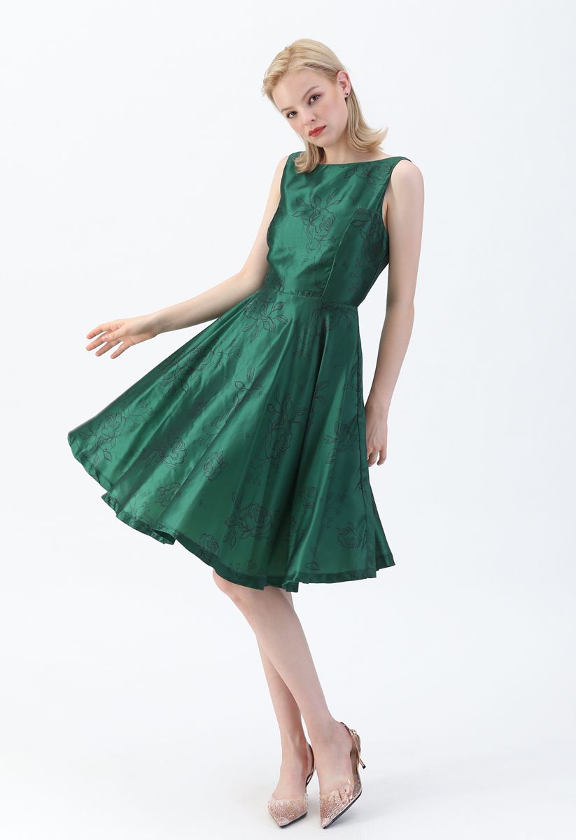 Emerald Vintage Flower Sleeveless Midi Dress