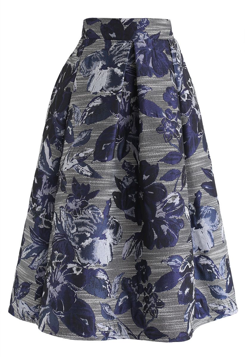 Floral Jacquard A-Line Midi Skirt - Retro, Indie and Unique Fashion