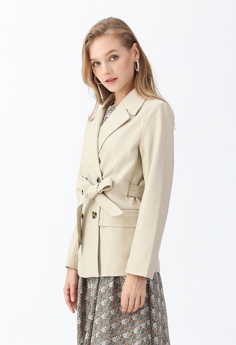 Double-Breasted Faux Leather Blazer in Cream