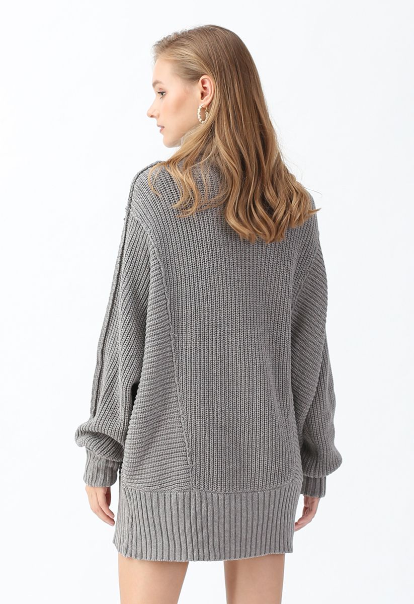 Batwing Sleeves Cowl Neck Knit Dress in Grey