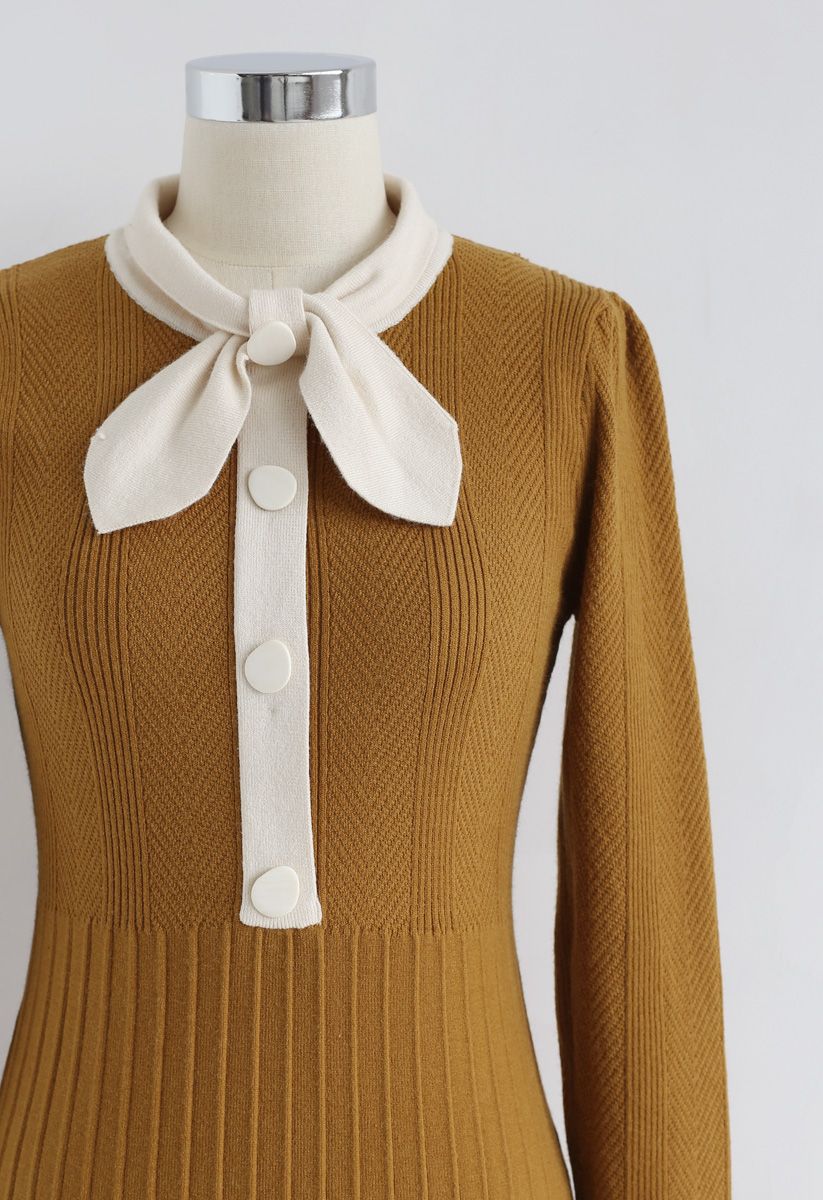 Self-Tied Bowknot Neck Knit Midi Dress in Mustard