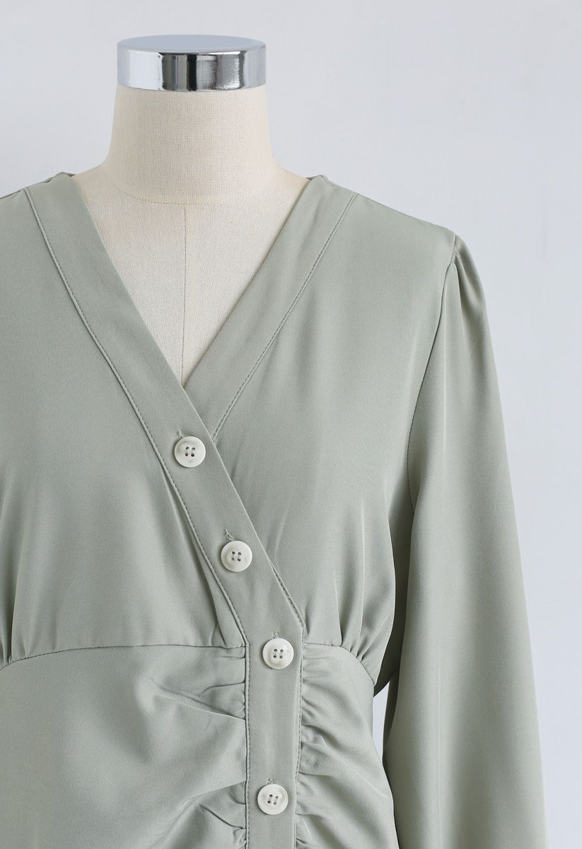 Button Front Sleeves Midi Dress in Pea Green