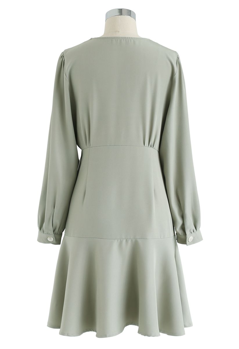 Button Front Sleeves Midi Dress in Pea Green