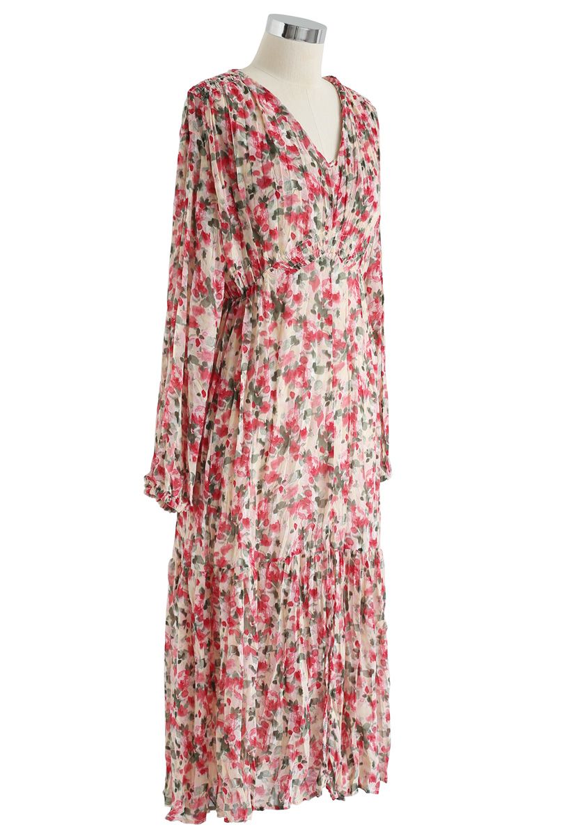 V-Neck Floral Pleated Midi Dress in Pink