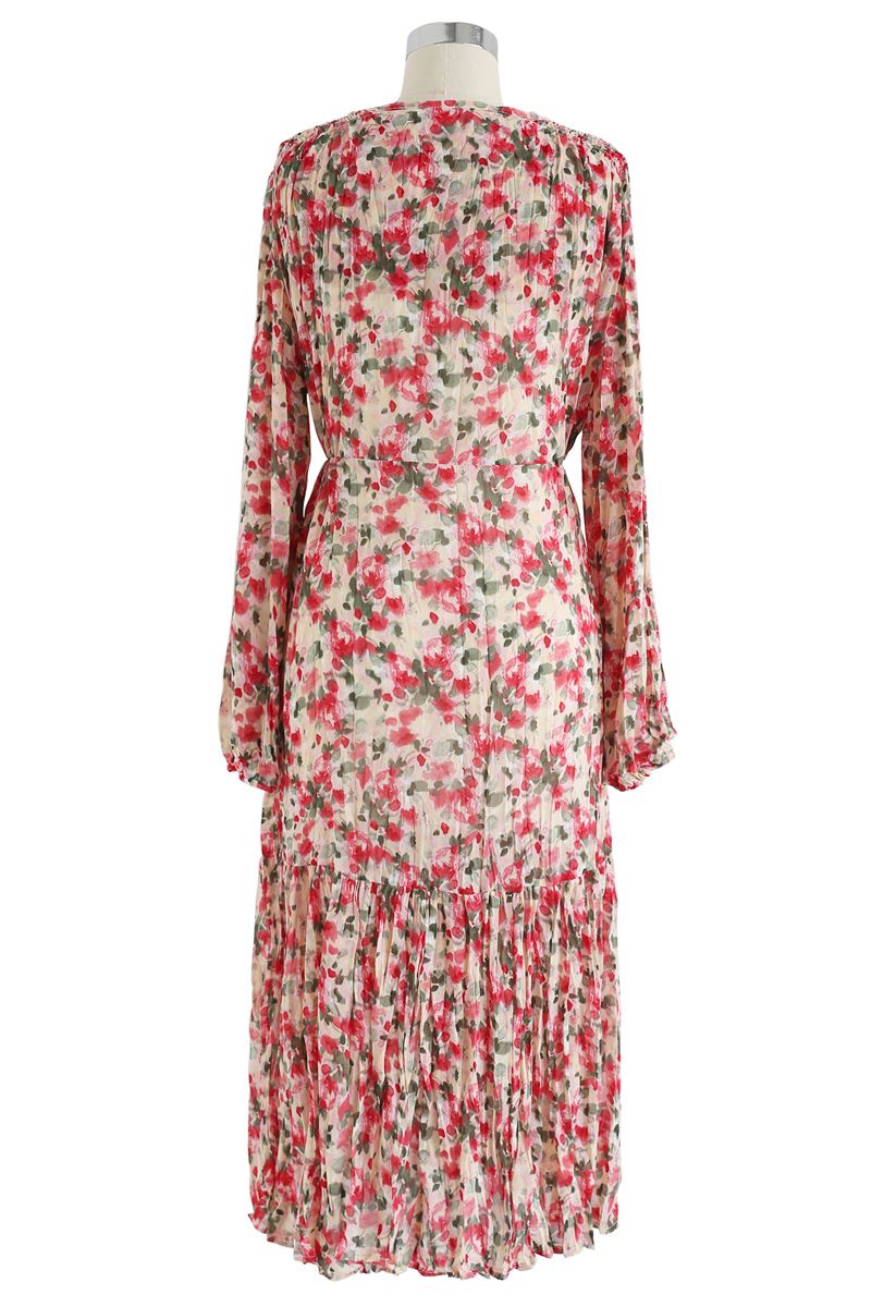 V-Neck Floral Pleated Midi Dress in Pink