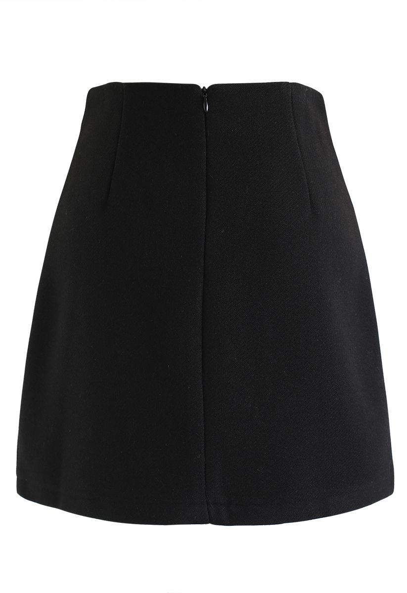 Button Decorated Flap Mini Skirt in Black