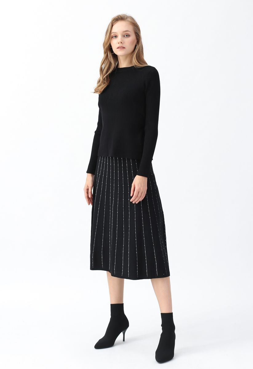 Striped Knit A-Line Midi Skirt in Black