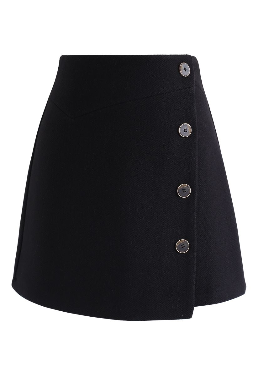 Basic Texture Button Trim Mini Skirt in Black