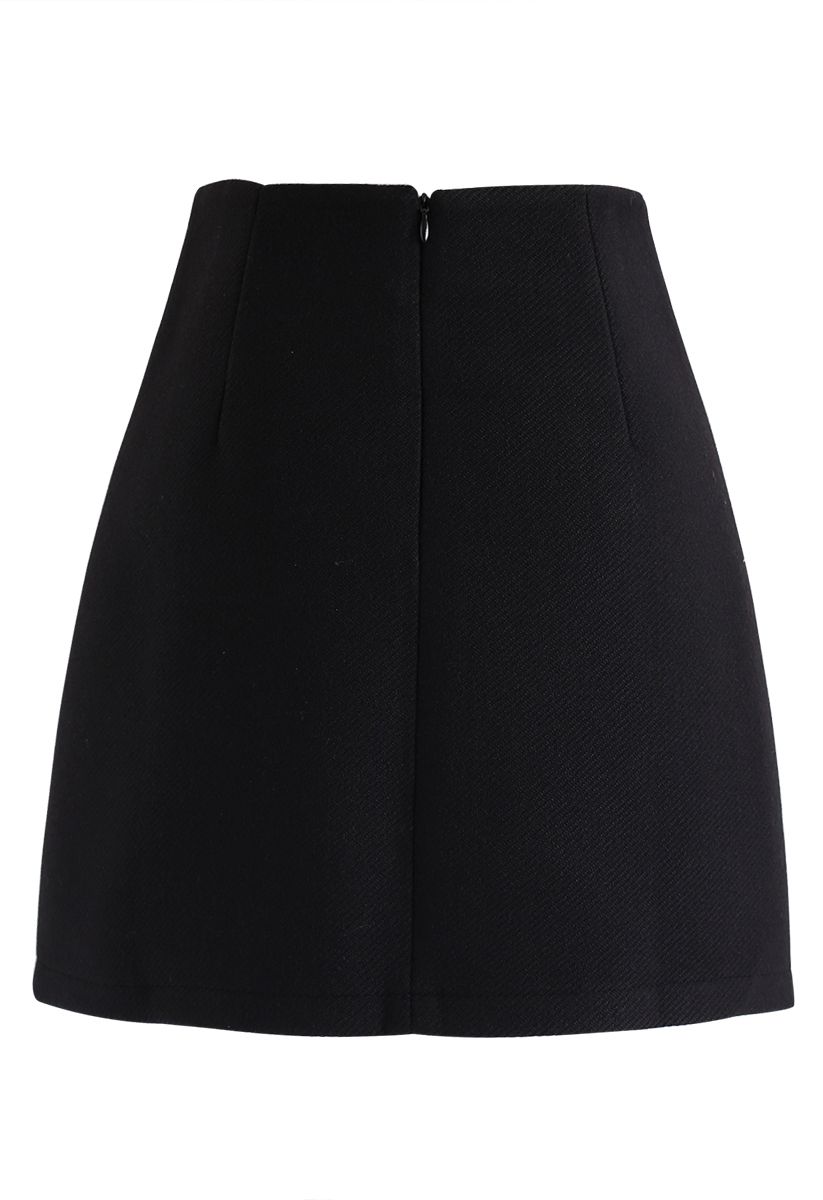Basic Texture Button Trim Mini Skirt in Black