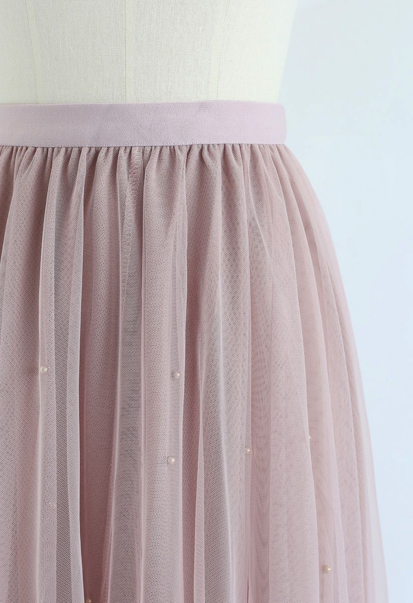 Beads Embellishment Tulle Mesh Skirt in Pink