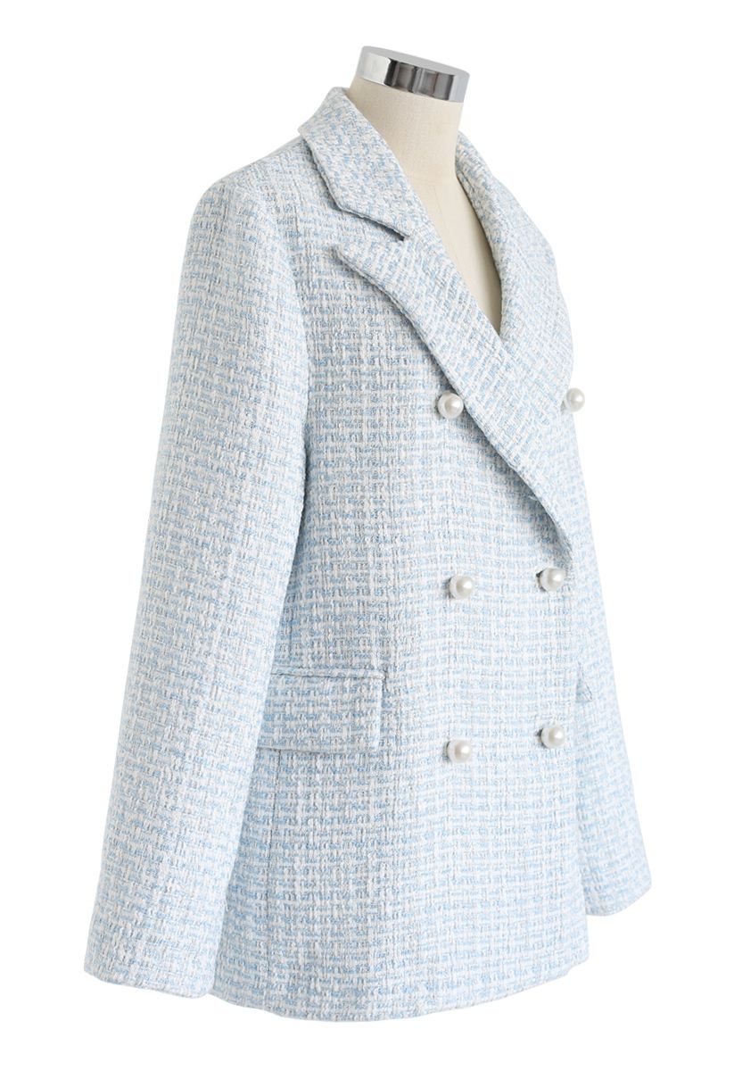 Pearl Buttons Trimmed Tweed Blazer in Blue