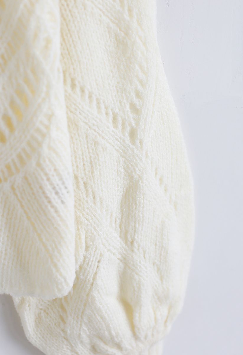 Delicacy Panelled Open Knit V-Neck Sweater in Ivory