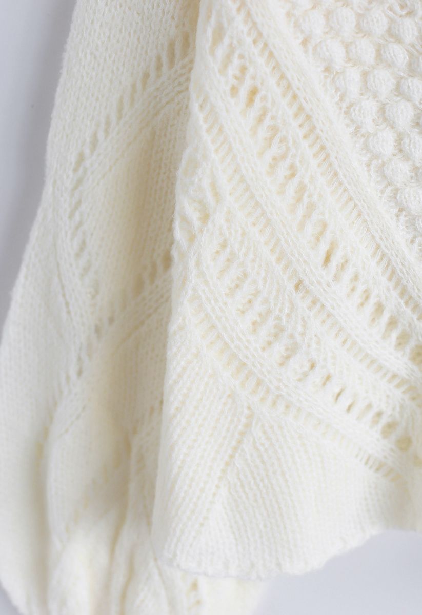 Delicacy Panelled Open Knit V-Neck Sweater in Ivory