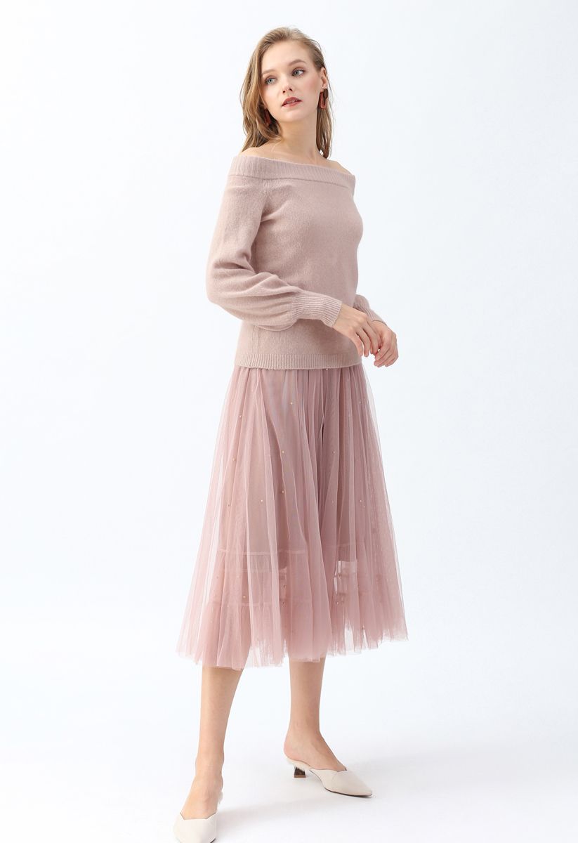 Puff Sleeves Off-Shoulder Fluffy Knit Sweater in Dusty Pink