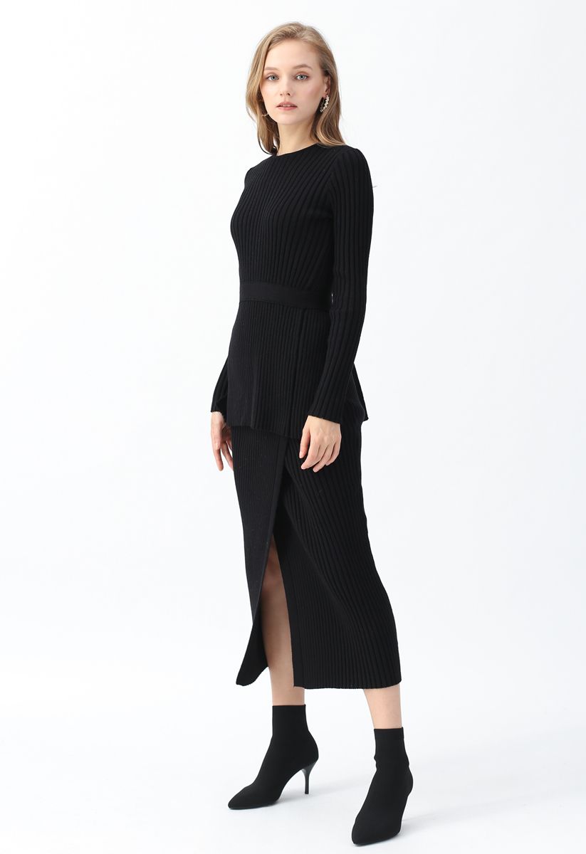 Neat Split Hem Ribbed Knit Skirt in Black