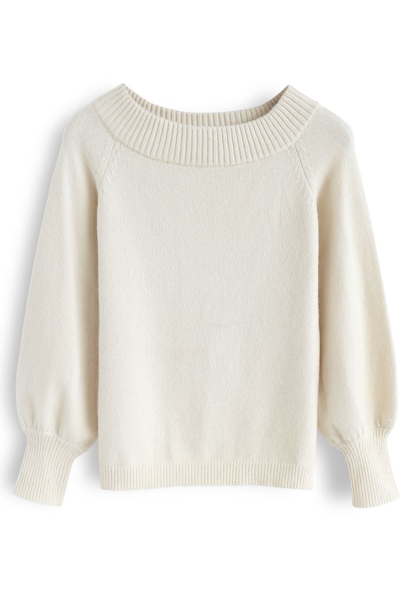 Puff Sleeves Off-Shoulder Fluffy Knit Sweater in Cream