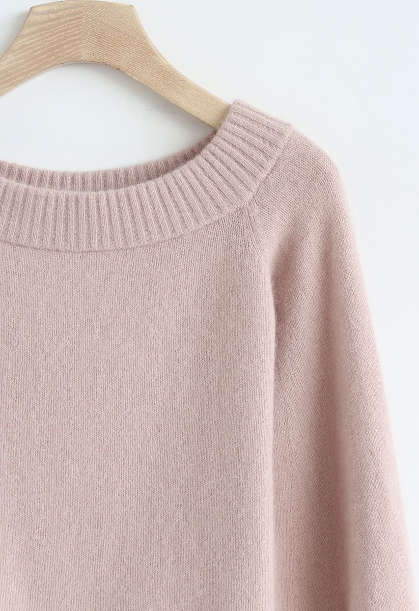 Puff Sleeves Off-Shoulder Fluffy Knit Sweater in Dusty Pink