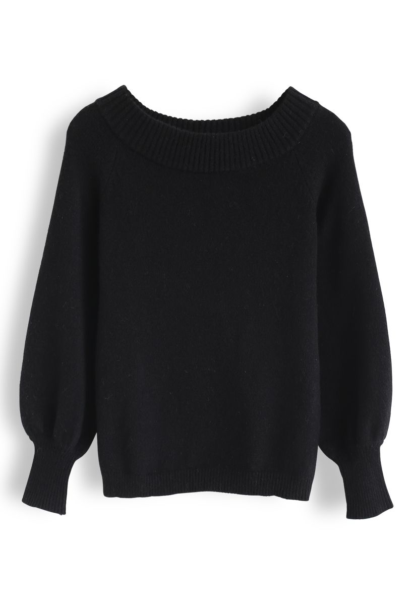 Puff Sleeves Off-Shoulder Fluffy Knit Sweater in Black