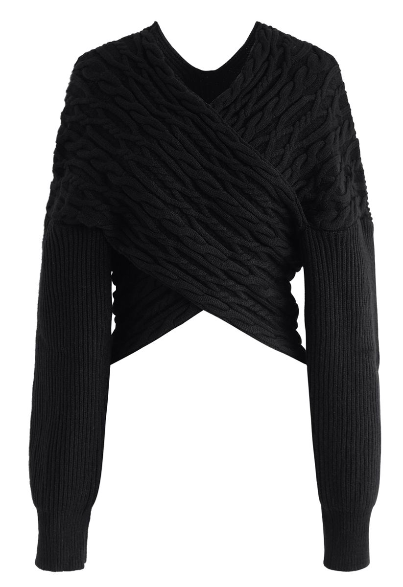 Crisscross Braid Texture Knit Crop Sweater in Black