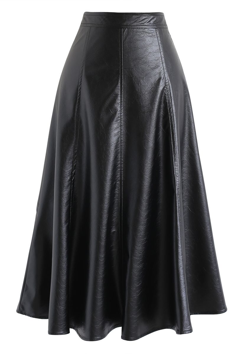 Black Leather Look Panelled A-Line Midi Skirt