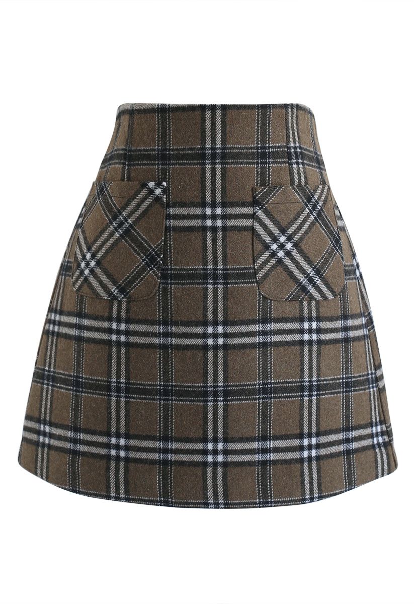 Plaid Pattern Front Pocket Wool-Blend Bud Skirt