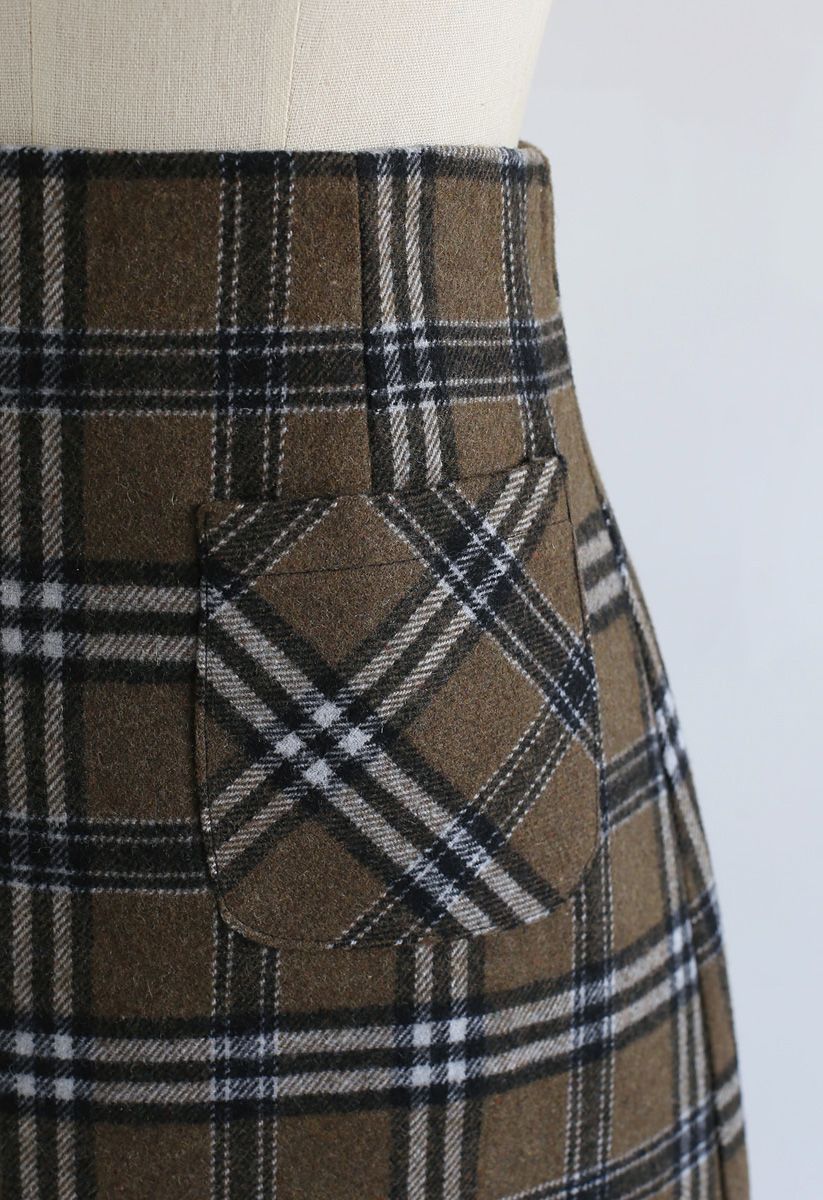 Plaid Pattern Front Pocket Wool-Blend Bud Skirt