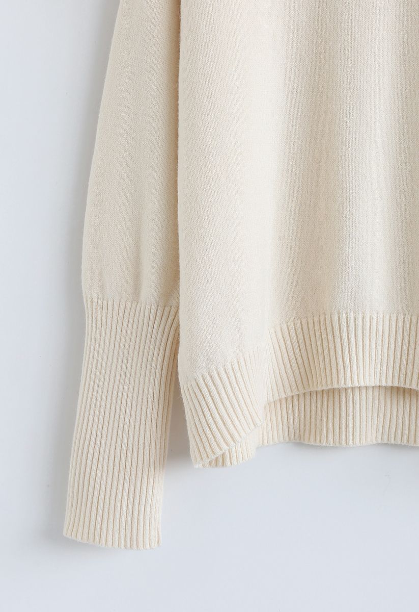 Soft Touch Basic Cowl Neck Knit Sweater in Cream