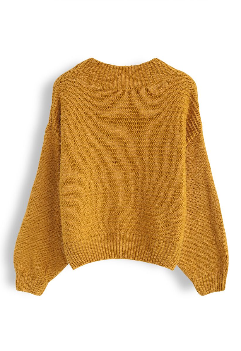 Round Neck Fuzzy Knit Sweater in Mustard