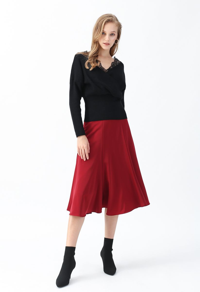 Satin A-Line Midi Skirt in Red