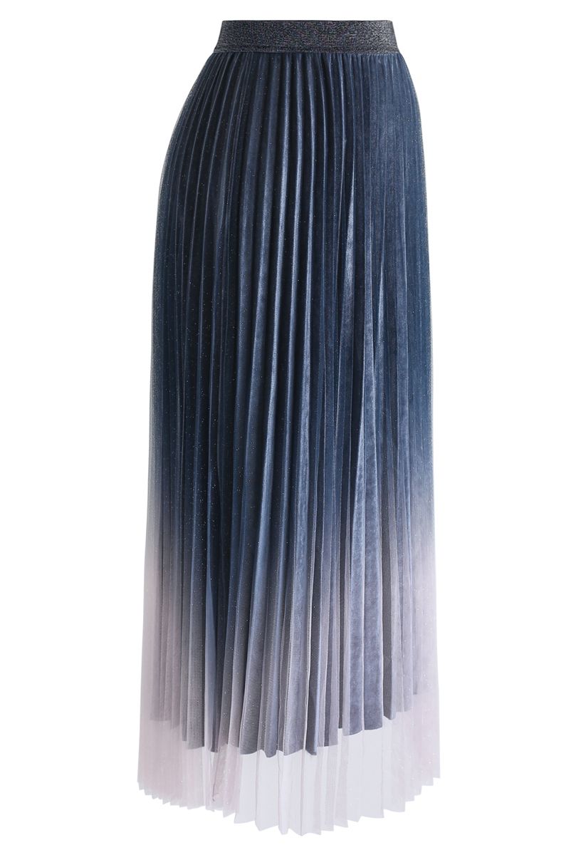 Gradient Shiny Mesh Pleated Skirt in Blue